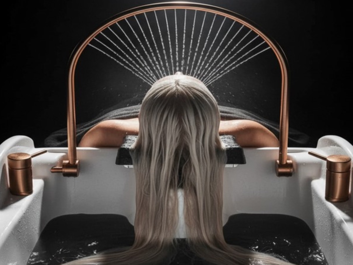 A guest reclining in a head spa basin as water fans over their hair